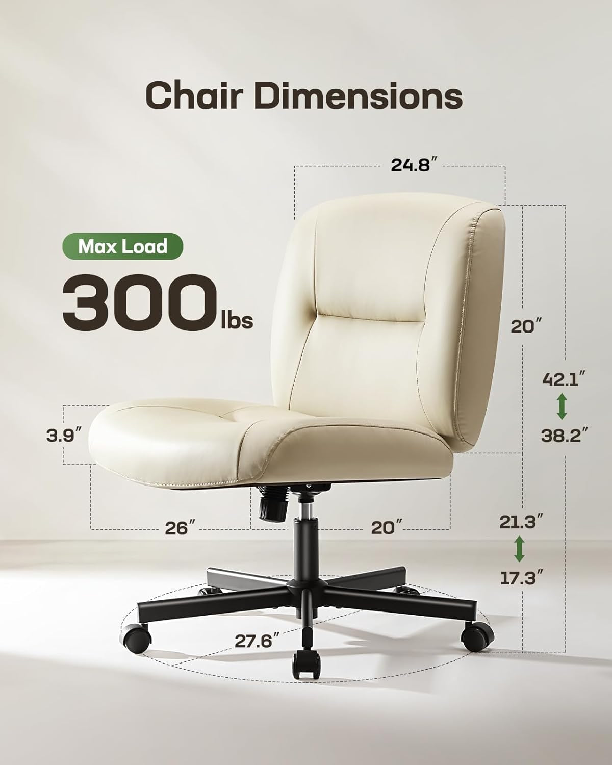 Criss Cross Chair with Wheels, Wide Mid-Back Comfy Armless Office Chair, Scratch-Resistant PVC Leather Cross Legged Desk Chair, Height Adjustable Vanity Computer Desk for Home Office