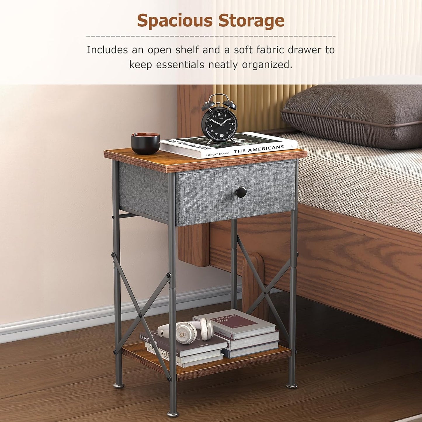 Nightstand with Drawer, Small Bedside Table with Storage and Adjustable Metal Legs, Wood End Table for Bedroom or Living Room, Perfect for Small Spaces and Modern Farmhouse Décor, Retro Brown