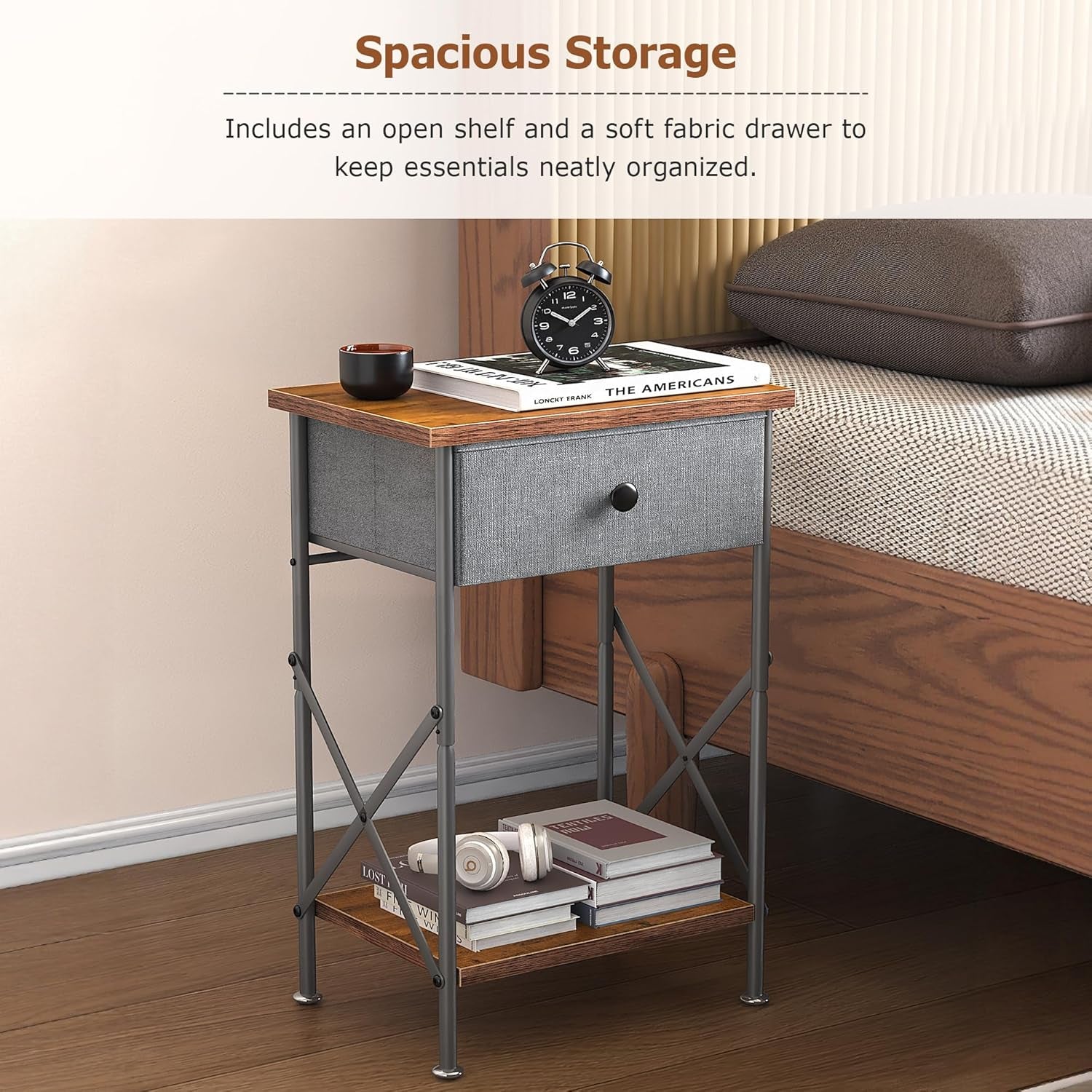 Nightstand with Drawer, Small Bedside Table with Storage and Adjustable Metal Legs, Wood End Table for Bedroom or Living Room, Perfect for Small Spaces and Modern Farmhouse Décor, Retro Brown