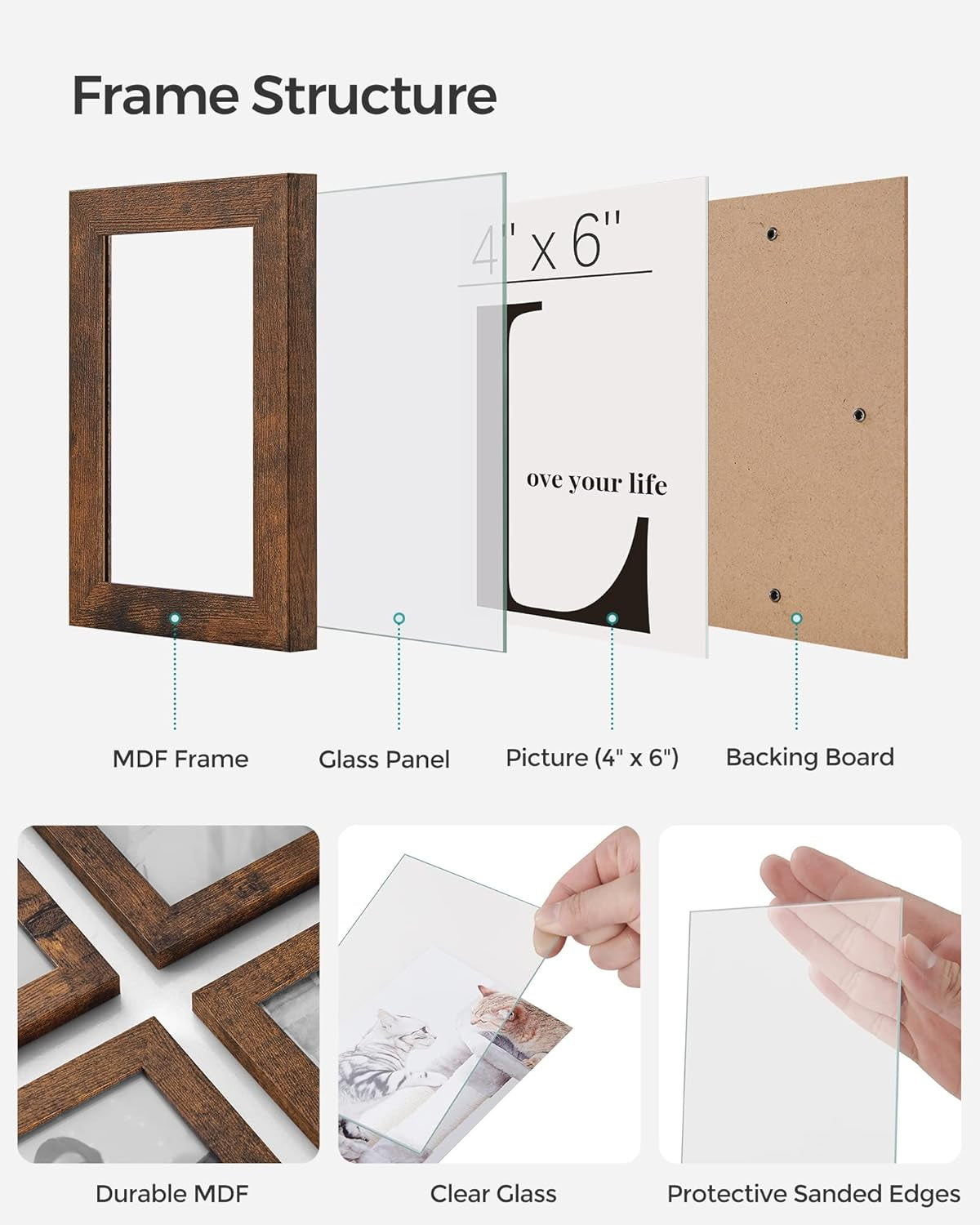 4X6 Picture Frames Collage Wall Decor, 12-Pack Photo Collage Frame, Multi Picture Frame Set with Glass Front, Assembly Required, Rustic Brown URPF022X01