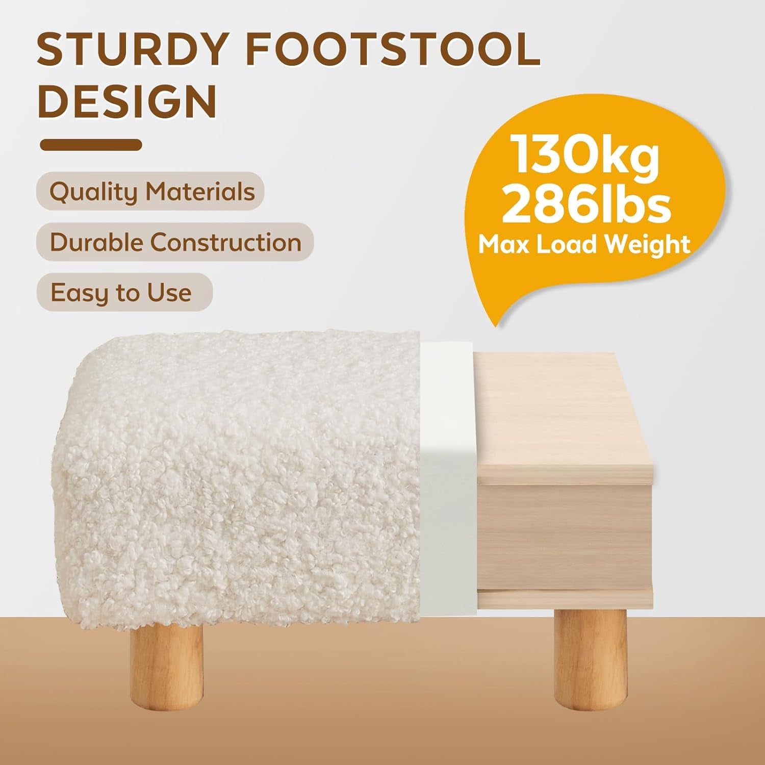 Small Foot Stool Ottoman, Sherpa Footstool Ottoman Foot Rest for Couch, Rectangle Footstools and Ottomans Small for Living Room, Entryway and Bedroom (White)