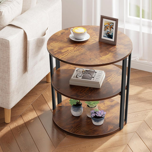Round Side Table, 3-Tier Rotating Side Table, Big Shelf End Table Living Room with Lazy Susan, Nightstand for Small Spaces Living Room Bedroom Sofa, Vintage Brown