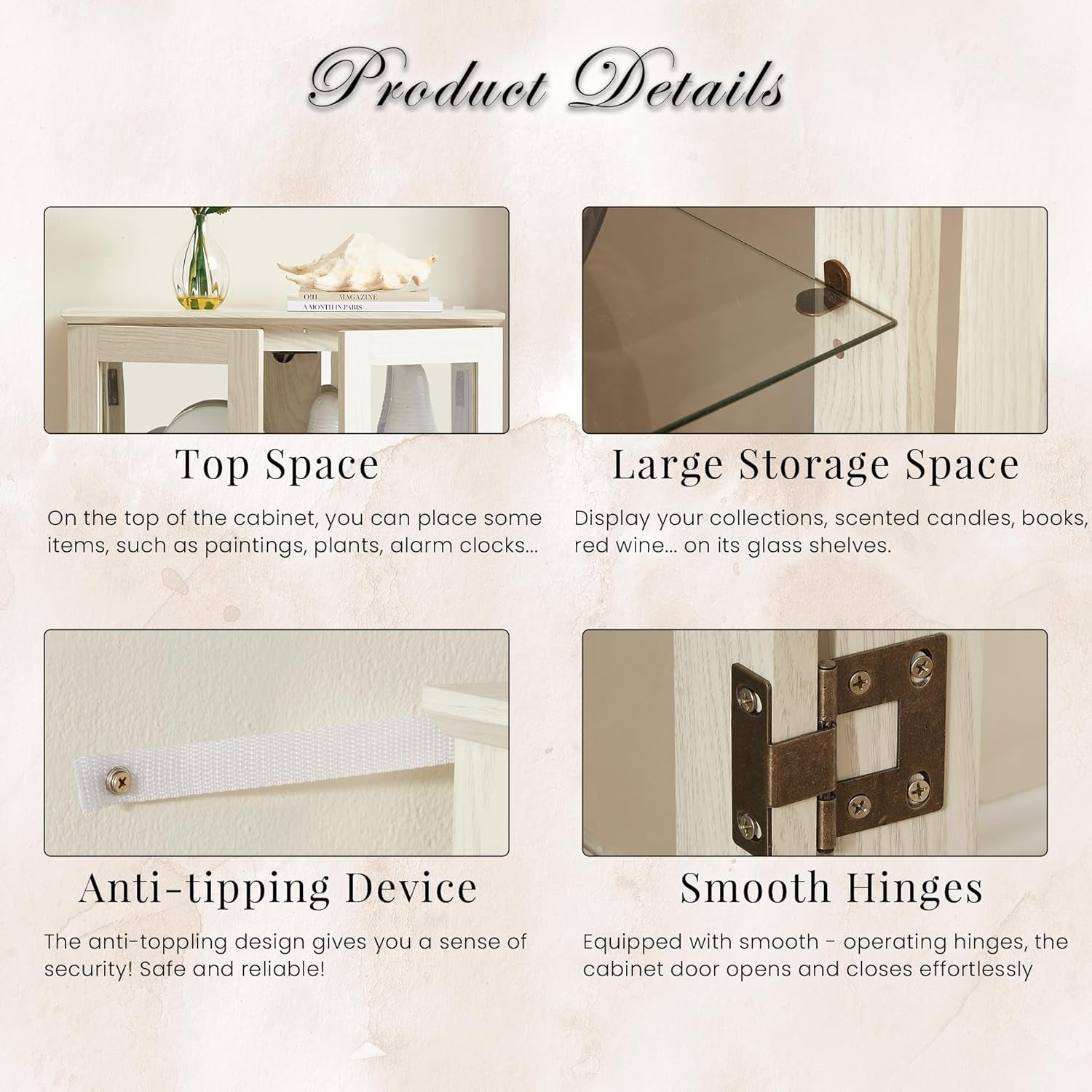 Lighted Curio Cabinet, 44" H Glass Display Case with Adjustable Glass Shelves, Vintage China Cabinet with Mirrored Back Panel & 3-Tier Shelves, Blub Included, Rack for Living Room (Antique White)