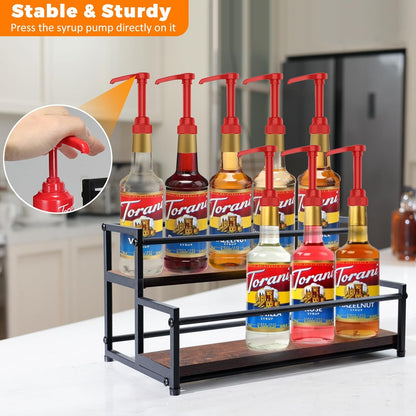 Coffee Syrup Rack Organizer - 2-Tier 10 Syrup Bottles Holder for Coffee Bar, Liquor Bottle Display Shelf - Rustic Kitchen Cabinet for Spices, Jars - Stepped Pantry Shelf for Syrup, Wine, Tea & Coffee
