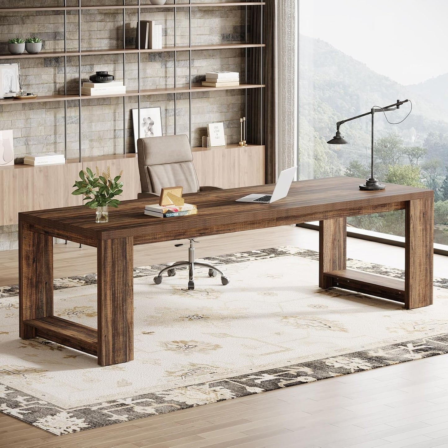 Two Person Desk, 86.6 Inches Extra Long Desk, Double Computer Writing Table, All Wood Large Desks Workstation for Home Office, Rustic Brown