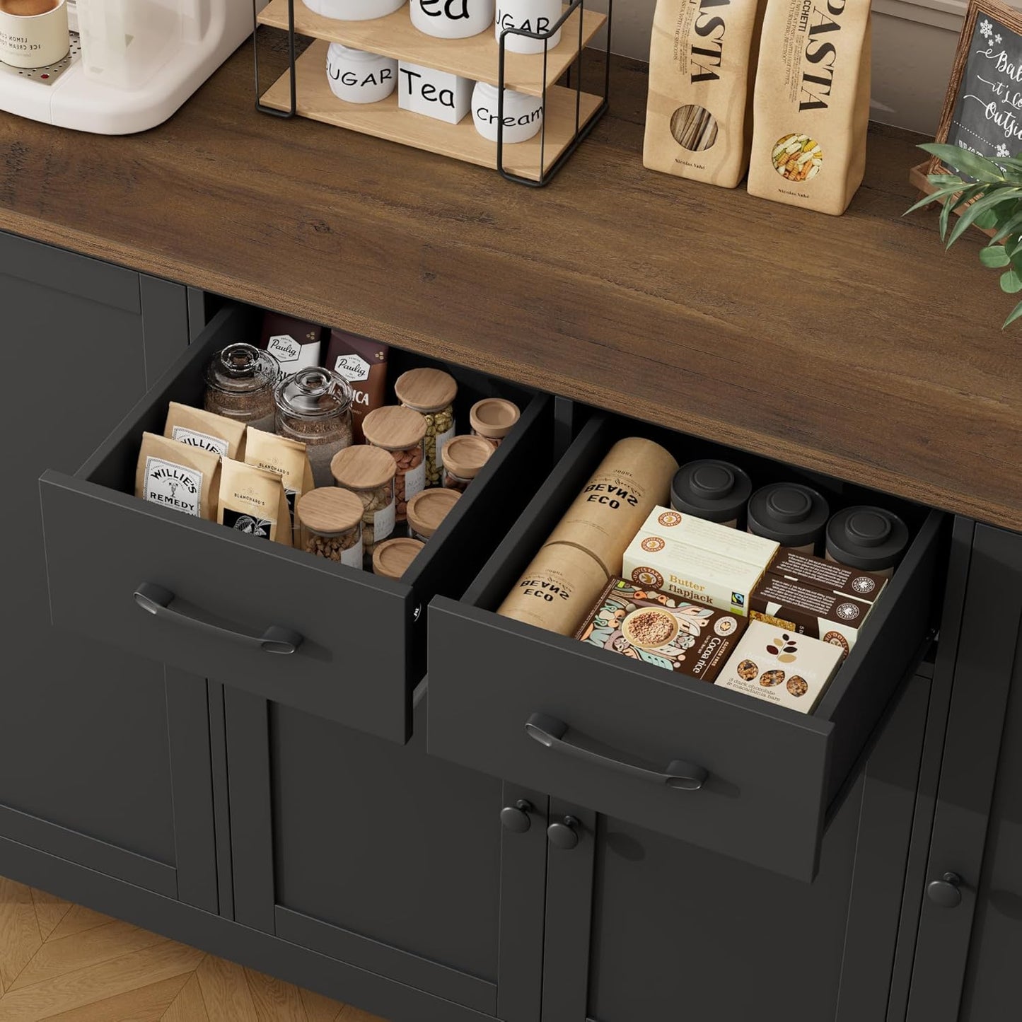 55" Buffet Cabinet with Storage, Kitchen Buffet Sideboard with Drawers, Large Storage Cabinet with Doors and Shelves, Modern Farmhouse Coffee Bar for Kitchen, Dining Room, Living Room, Black