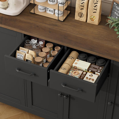 55" Buffet Cabinet with Storage, Kitchen Buffet Sideboard with Drawers, Large Storage Cabinet with Doors and Shelves, Modern Farmhouse Coffee Bar for Kitchen, Dining Room, Living Room, Black