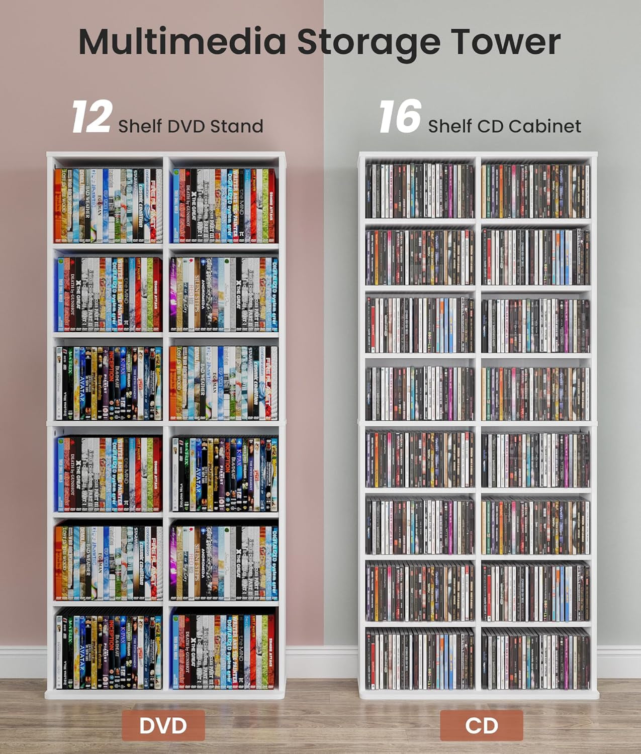 DVD Tower Storage Rack, 16-Shelf Media Storage Shelves with Adjustable Shelves 8-Tier DVD Stand Tower for Living Room Home Office