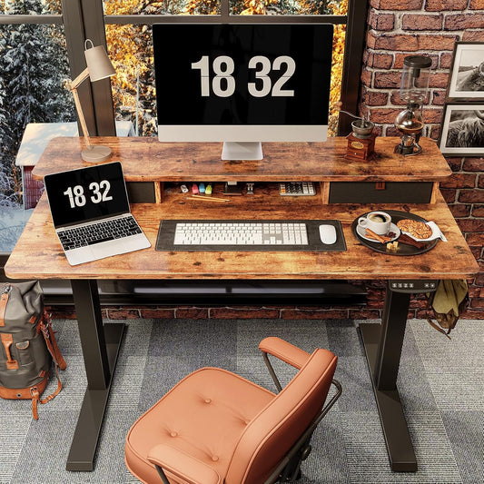 48 X 24 Inch Height Adjustable Electric Standing Desk with Double Drawer, Stand up Table with Storage Shelf, Sit Stand Desk, Rustic Brown