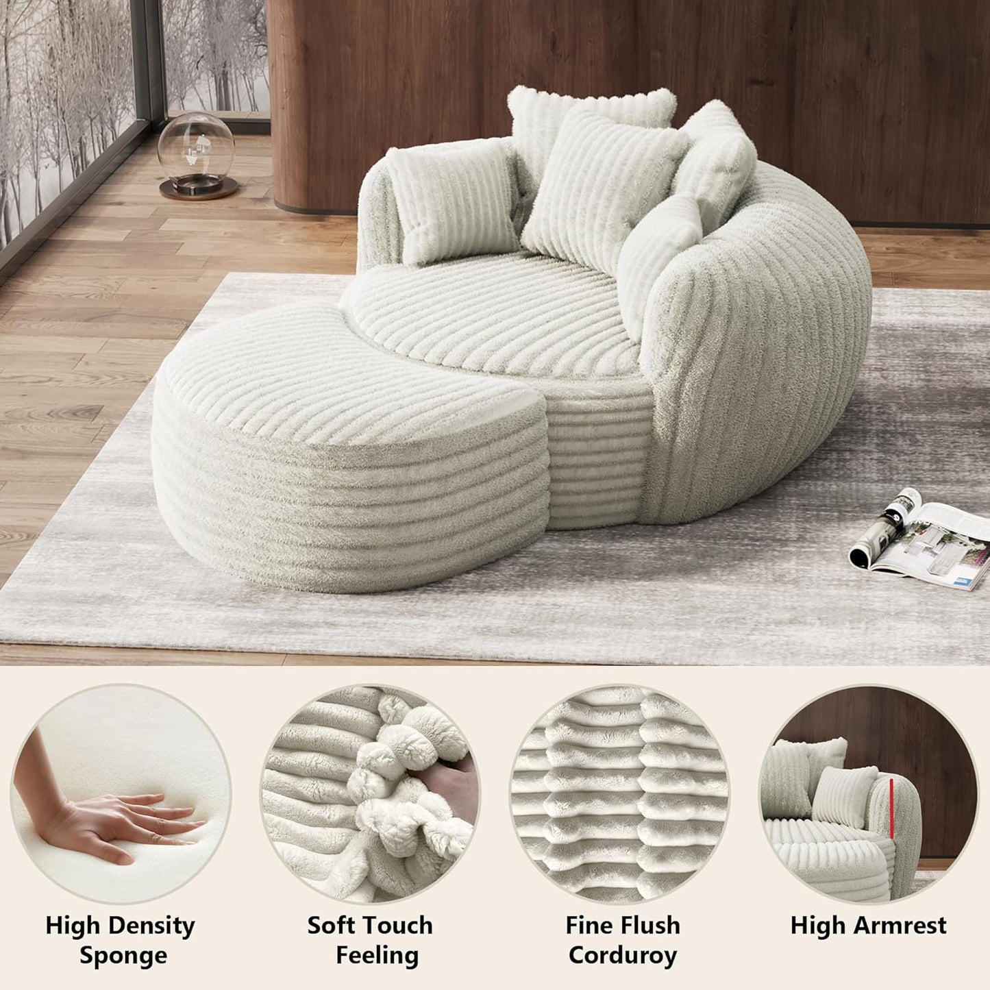 Oversized Chaise Lounge Chair Indoor with Ottoman 50.5" W X 67.0" D round Soft Corduroy Comfy Oversized Reading Chair with 5 Pillows for Living, Reading Room - Beige White
