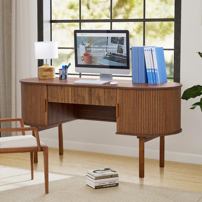 Home Office Oval Desk with Sliding Tambour Door and Drawer, Modern Fluted Wood Executive Computer Storage Desk for Study, Living Room, Bedroom, Office - Walnut