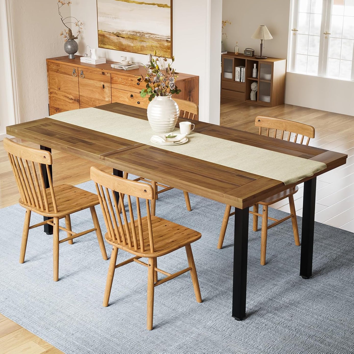 Dining Table for 6-8 People, 70" Acacia Wood Rustic Rectangular Dinner Table with Metal Frame, Sandblast Finish, Natural Stained, Indoor Outdoor Kitchen Dining Room Table Large 70X33.2X30 Inch