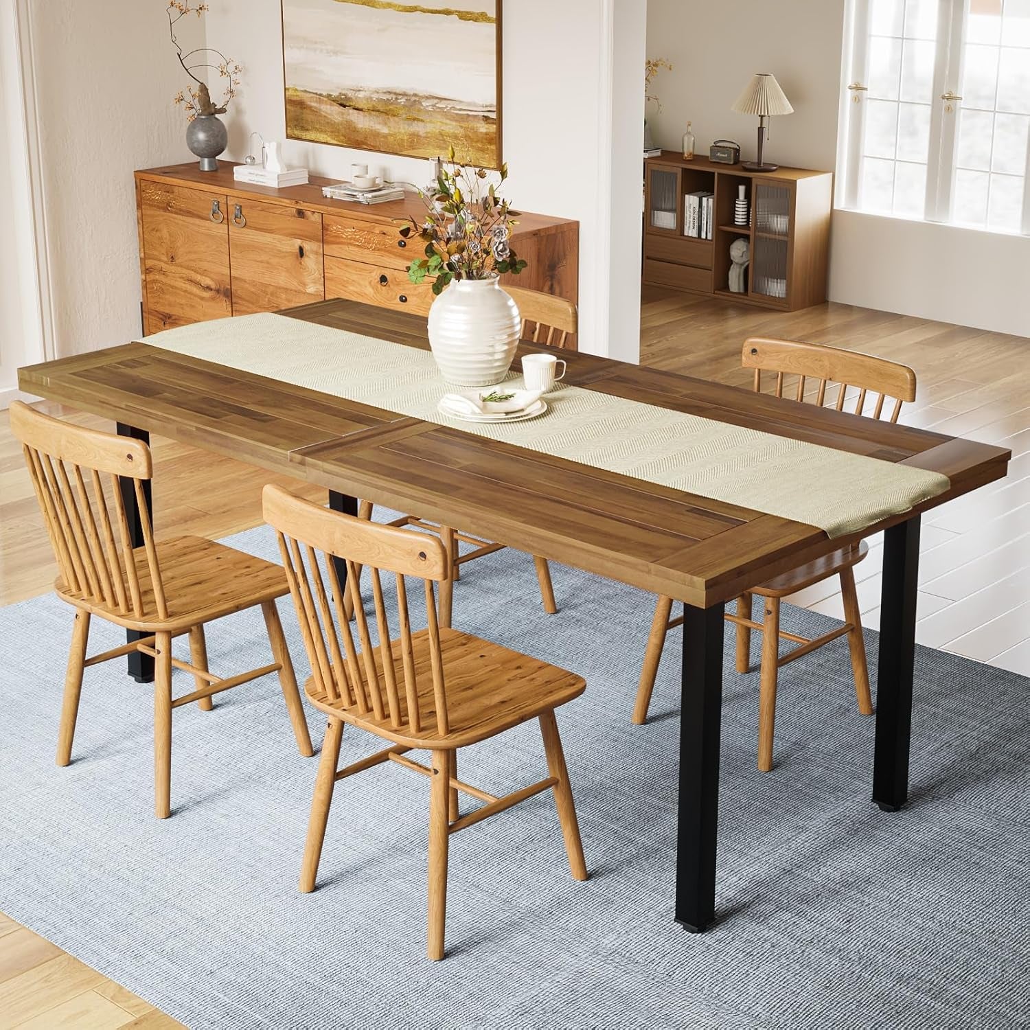 Dining Table for 6-8 People, 70" Acacia Wood Rustic Rectangular Dinner Table with Metal Frame, Sandblast Finish, Natural Stained, Indoor Outdoor Kitchen Dining Room Table Large 70X33.2X30 Inch