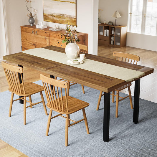 Dining Table for 6-8 People, 70" Acacia Wood Rustic Rectangular Dinner Table with Metal Frame, Sandblast Finish, Natural Stained, Indoor Outdoor Kitchen Dining Room Table Large 70X33.2X30 Inch