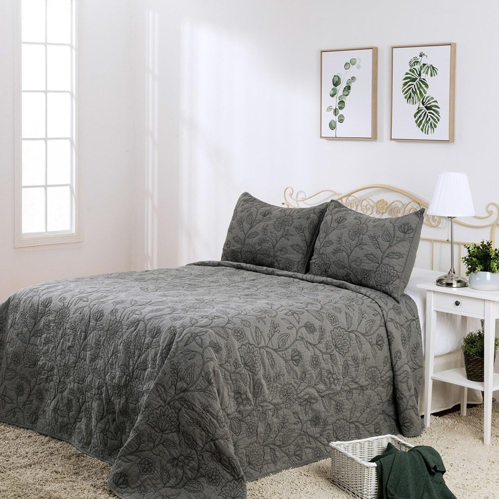 Cotton Vintage Embroidered King Pillow Sham, 20'' X 36'', Gray, 1 Piece