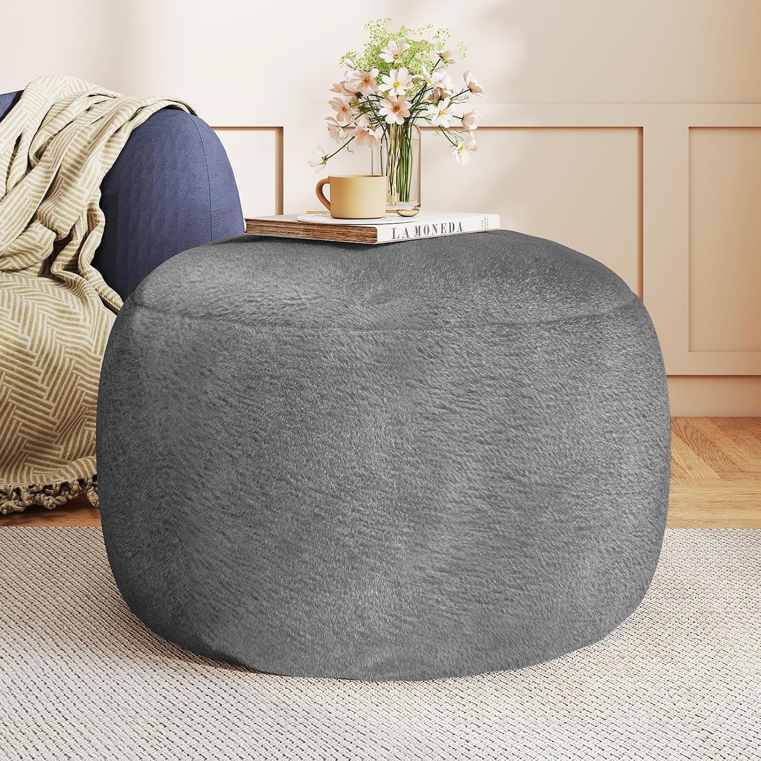 Round Pouf Ottoman Foot Rest, 29 X 18Inch Floor Poufs Footstool, a round Modern Foam Filled Foot Stool for Living Room, Home, Nursery, Dorm (Grey, 29Inch)