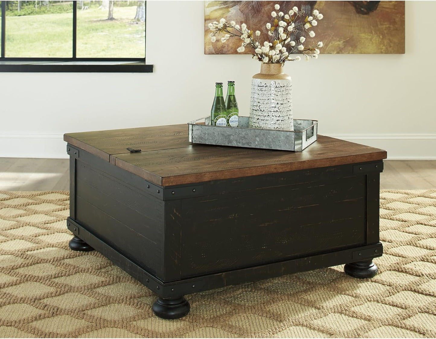 Valebeck Lift Top Coffee Table, Storage, Split-Top Design, Wood, 36" W X 36" D X 18" H, 2-Tone Distressed Brown & Black Finish