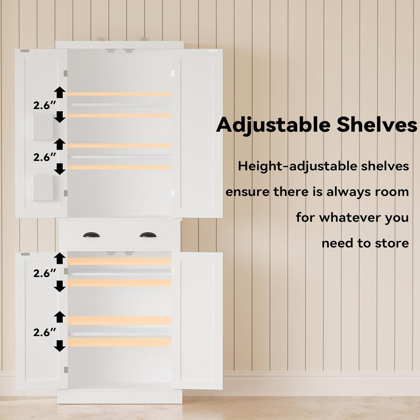 Kitchen Pantry Storage Cabinet 72.6" H X 24" W, with Barn Doors, Drawer, 4 Adjustable Shelves, Freestanding Cupboard, Laundry, White