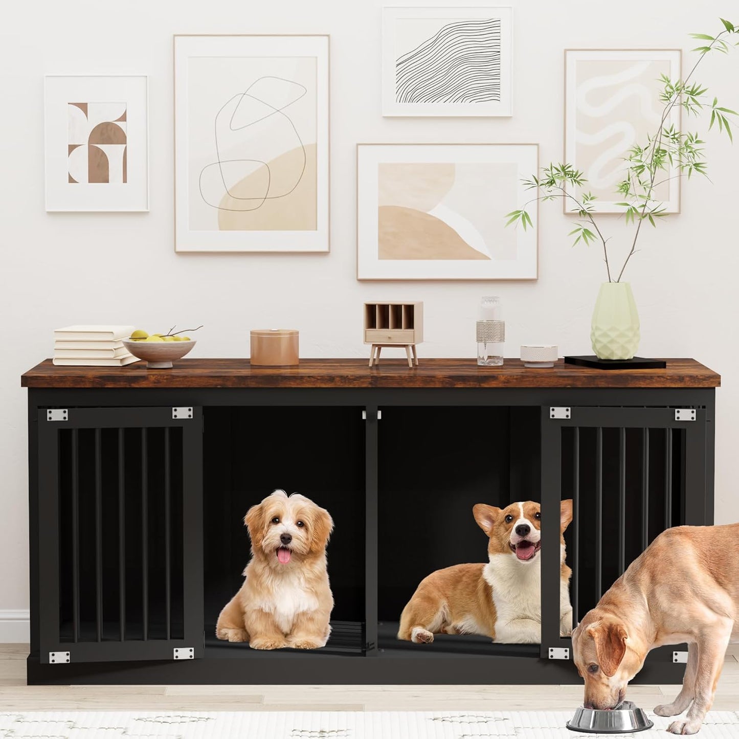 71 Inches Extra Large Dog Crate Furniture Indoor Wooden Dog Kennel Furniture Heavy Duty Dog Crates TV Stand with Removable Divider for 2 Large Medium Small Dogs Black