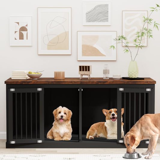 71 Inches Extra Large Dog Crate Furniture Indoor Wooden Dog Kennel Furniture Heavy Duty Dog Crates TV Stand with Removable Divider for 2 Large Medium Small Dogs Black