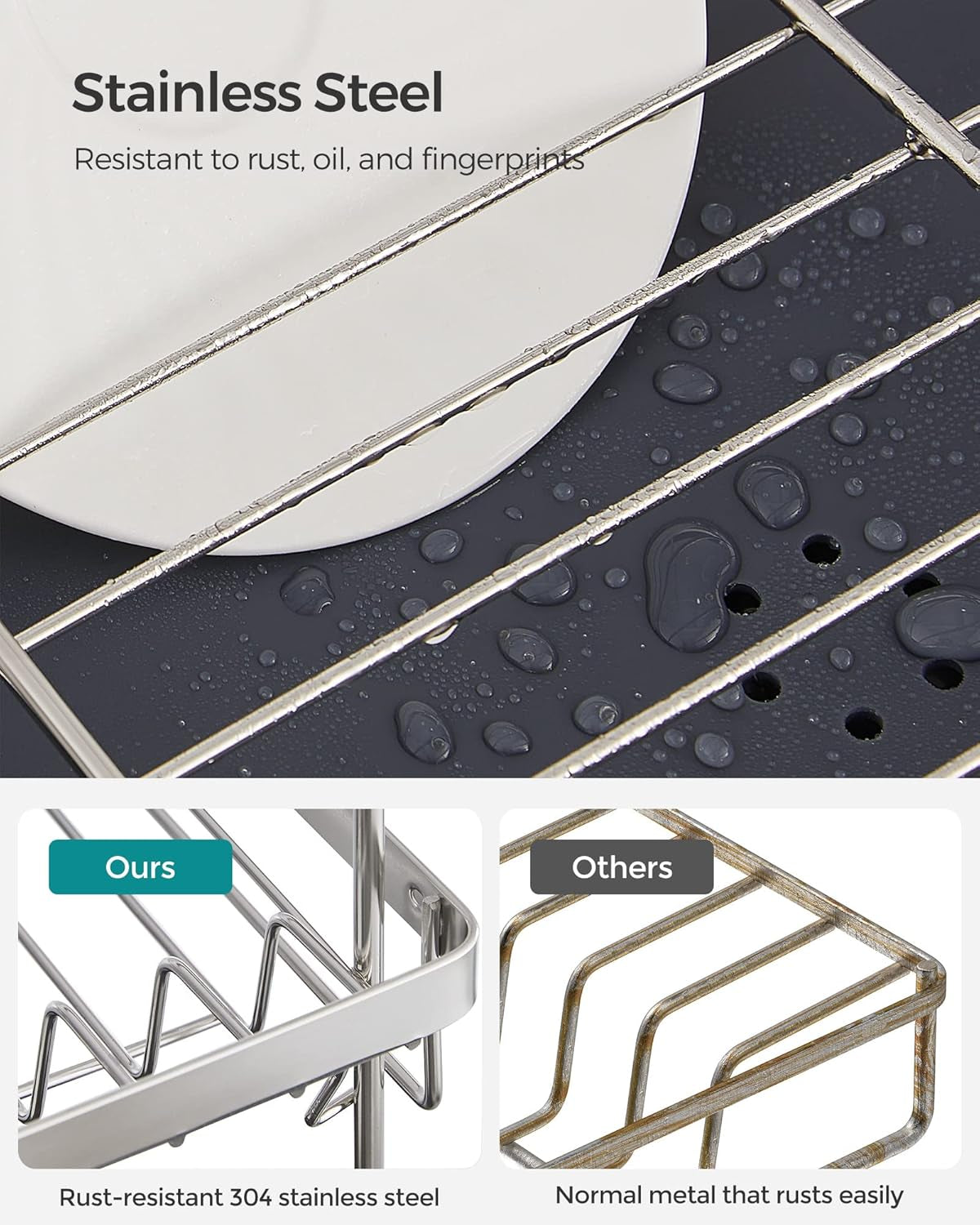 Dish Drying Rack - 2 Tier Dish Rack for Kitchen Counter with Rotatable and Extendable Drain Spout, Dish Drainer with Utensil, Cup, Glass, Cutting Board Holders, Silver and Gray UKCS032E01