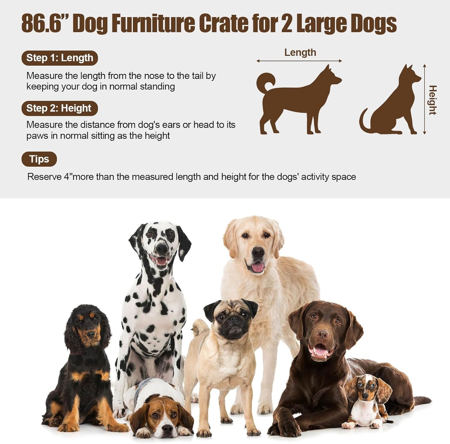 86.6” Large Dog Crate Furniture for 2 Dogs, Decorative Wooden Double Dog Kennel Indoor, Dog Cage TV Stand with Durable Lock & Storage Shelves for Medium Small Pets