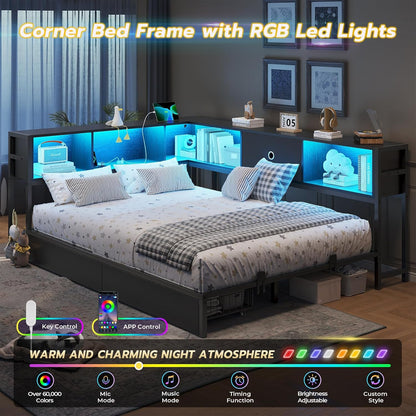 Full Corner Bed Frame with Bookcase Storage and Led Lights Metal Platform Bed Frame Full Size with Storage Drawers & Charging Station Full Size Daybed for Teen/Adult,No Box Spring Needed,Black