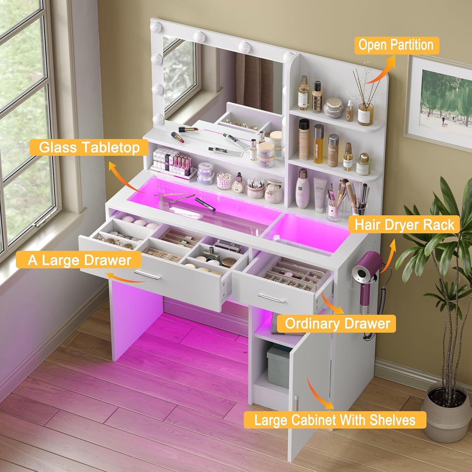 43" W Vanity Desk with Mirror & 11 Lights,Modern Makeup Desk with 5 Drawers & Cushioned Stool,3 Lighting Modes Brightness Adjustable,Power Outlet,Bedroom Dressing Table, Pink (3 Drawers) (White)