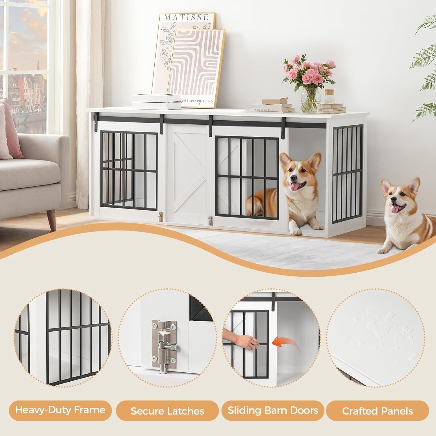 Dog Crate Furniture for 2 Dogs, 63" Heavy Duty Dog Kennel with Sliding Barn Door, Wooden Double Dog Crate with Divider for Small Medium Dogs, Indoor Dog Cage TV Stand, White DCHW16001N1