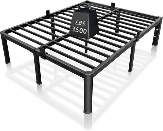 14 Inch Metal Queen Bed Frame with Rounded Corner and Headboard Hole Mattress Retainers 3500LBS Heavy Duty Steel Slats No Box Spring Needed Platform Noise-Free Easy Assembly