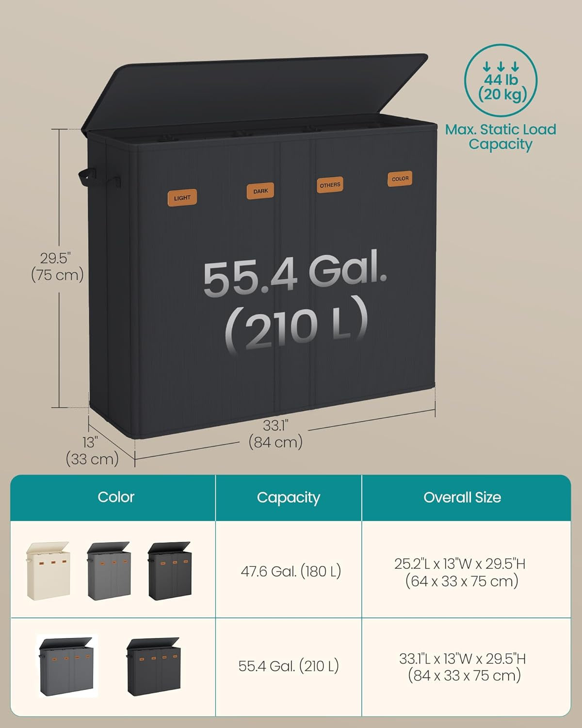 55.4 Gallon (210 L) Laundry Hamper, 4-Compartment Laundry Basket Sorter with Lid, Labels, Removable Liner Bags, for Bedroom, Ink Black URLH014B01