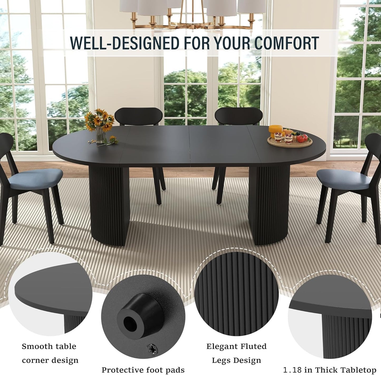 41 In-78 in Extendable Dining Room Table for 4-8, round Expandable Kitchen Table with Fluted Base, Modern Oval Dinner Tables for Dining Room Kitchen Living Room (Black)