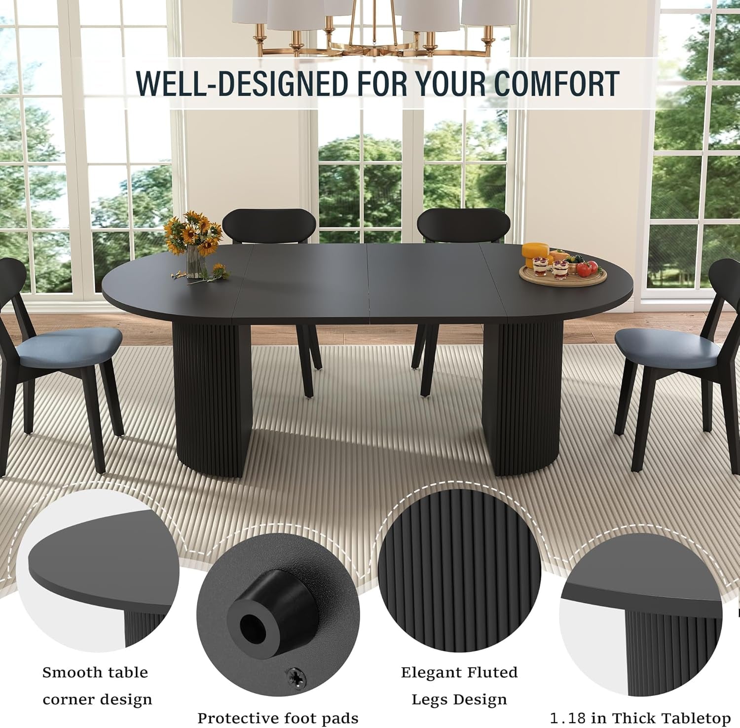 41 In-78 in Extendable Dining Room Table for 4-8, round Expandable Kitchen Table with Fluted Base, Modern Oval Dinner Tables for Dining Room Kitchen Living Room (Black)