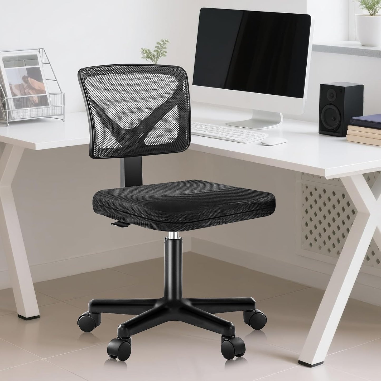 Armless Desk Chairs with Wheels, Ergonomic Adjustable Home Office Swivel Rolling Task Chair No Arms, Comfy Mesh Mid Back Computer Work Vanity Desk Seat for Small Spaces, Black