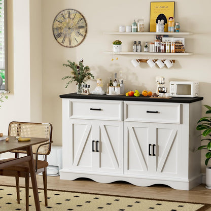 56" Modern Farmhouse Sideboard Buffet Cabinet with 4 Doors and 2 Drawers, Kitchen Storage Cabinet with Adjustable Shelves, Coffee Bar with Charging Station for Living Room, White