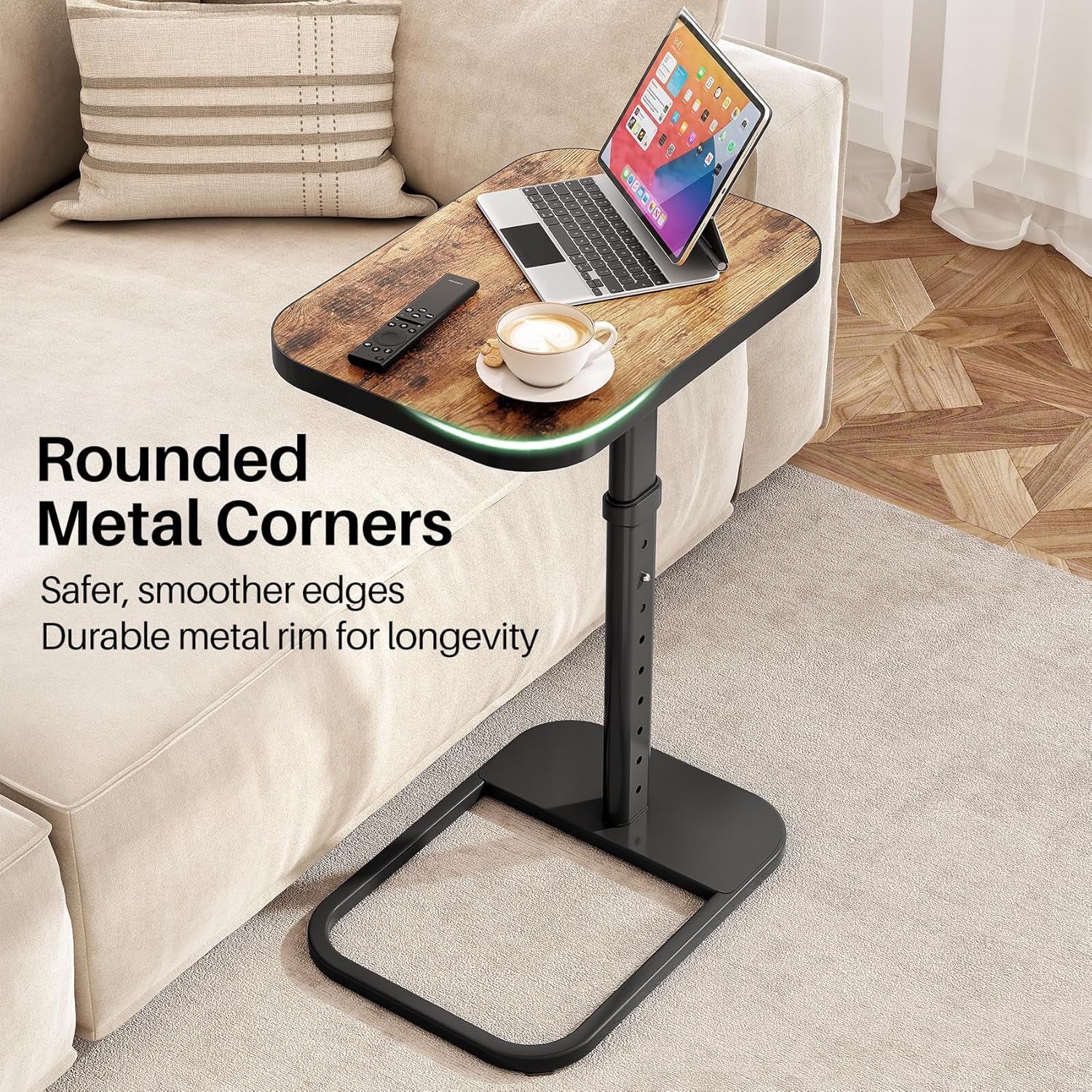 TV Tray Table, Adjustable Height & Flip-Top & Rounded Metal Corners, Snack Table for Couch, Sofa, Bed, Chair, Living Room, C Shaped End Side Table for Eating, Dinner or Laptop, Small Spaces