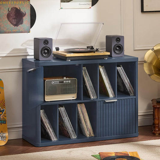 Large Record Player Stand with Vinyl Storage, 39.5" Modern Wood Records Storage Cabinet for Speakers, Mid Century Turntable Stand with Fluted Doors, Media Holder for Home, Dark Navy Blue