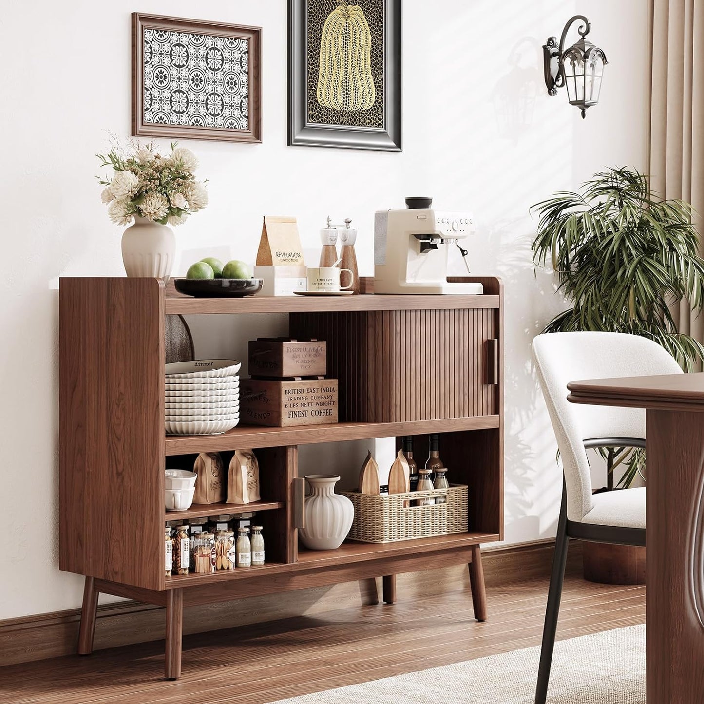 44" Sideboard Buffet Cabinet with Outlet & 2 Open Storage Spaces, Fluted Sideboard Cabinet with Sliding Door & Adjustable Shelves, Mid-Century Accent Coffee Bar Console Table with Wooden Feet