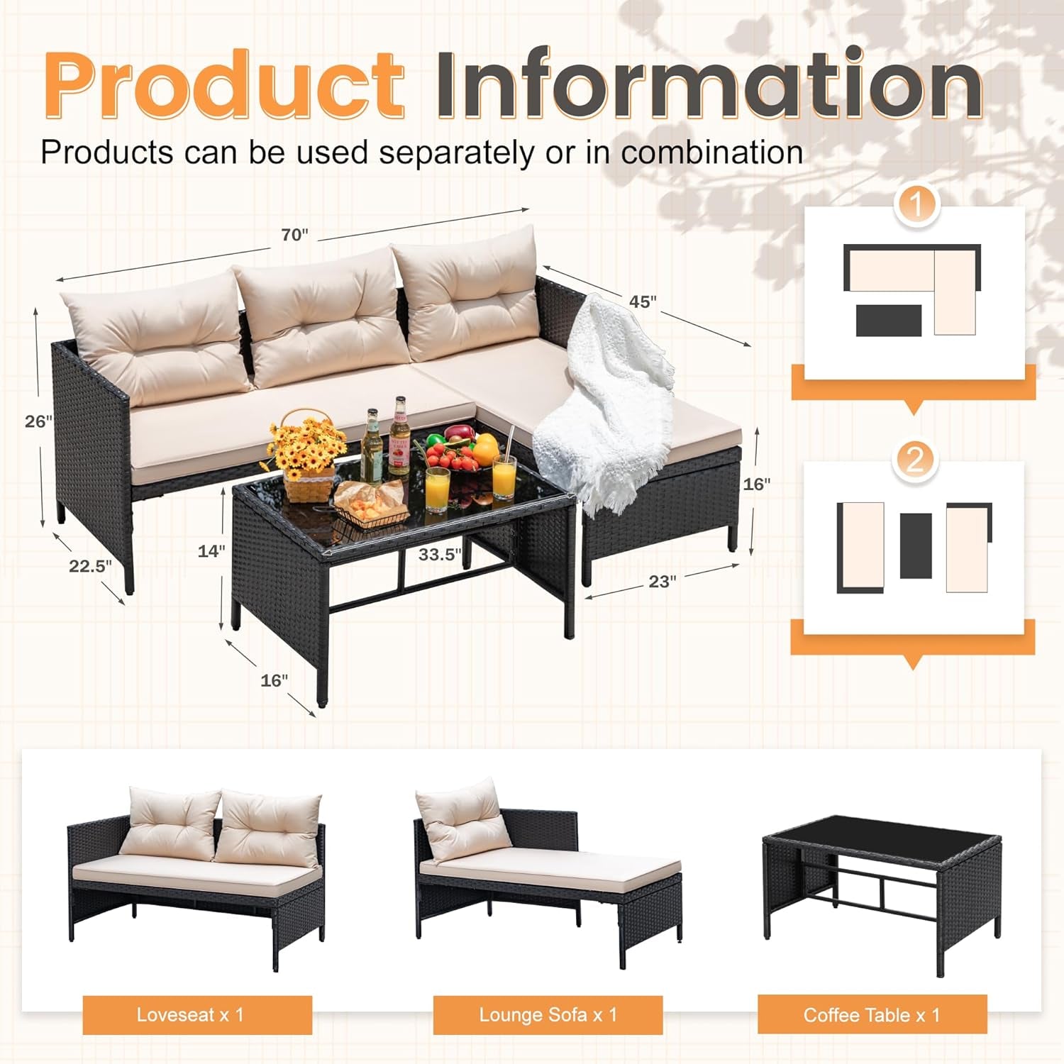 Outdoor Patio Furniture 3-Piece Rattan Waterproof Outdoor Sectional Sofa All-Weather L Shaped Patio Couch with Cushion Glass Table for Balcony, Garden (Beige)