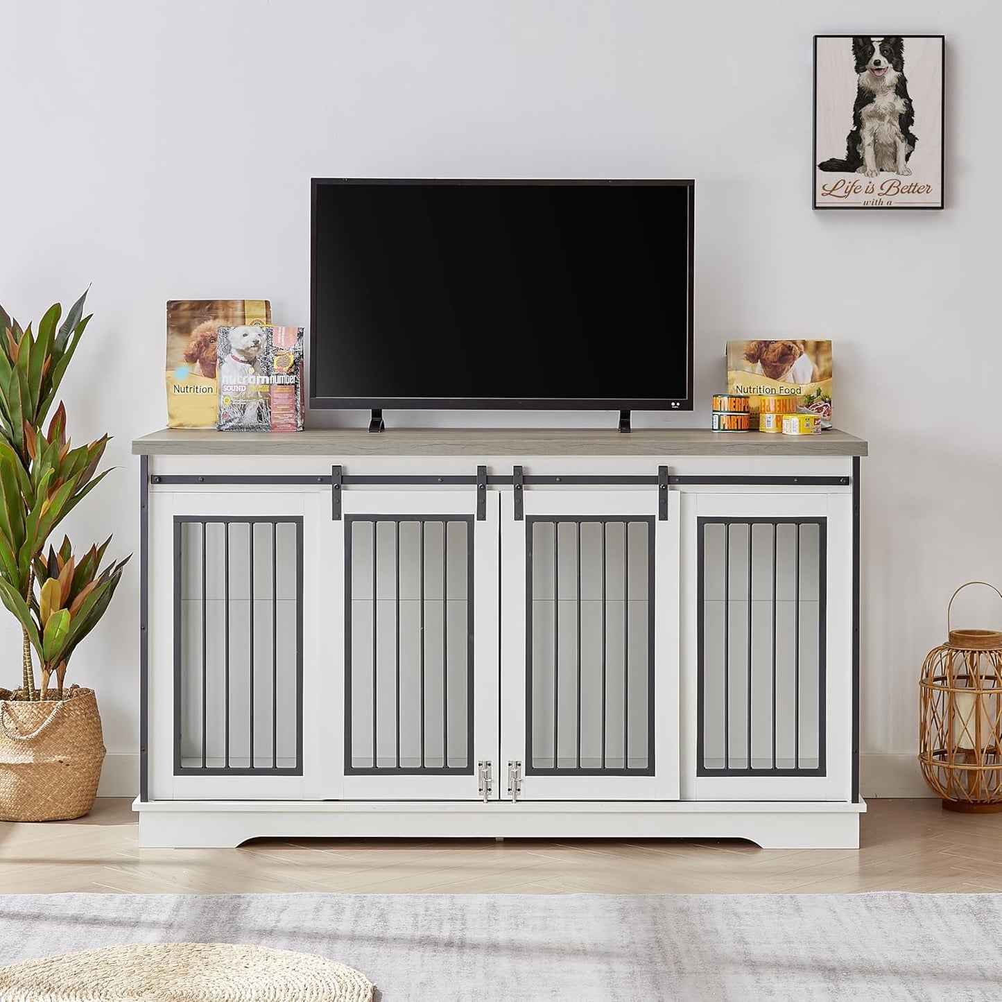 XXL Wooden Dog Crate Furniture with Sliding Barn Door, 60.6" Indoor Kennel with Divider, Modern TV Stand for Large Dog or 2 Medium Dogs (Grey)