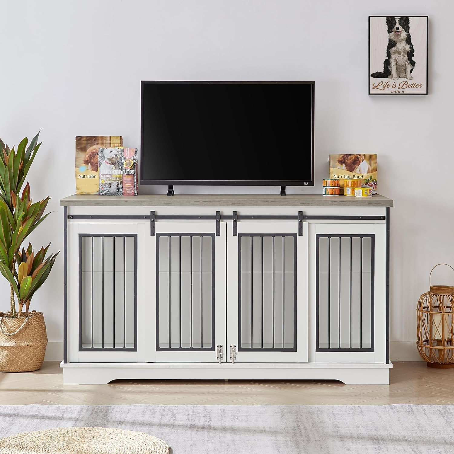 XXL Wooden Dog Crate Furniture with Sliding Barn Door, 60.6" Indoor Kennel with Divider, Modern TV Stand for Large Dog or 2 Medium Dogs (Grey)