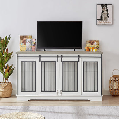 XXL Wooden Dog Crate Furniture with Sliding Barn Door, 60.6" Indoor Kennel with Divider, Modern TV Stand for Large Dog or 2 Medium Dogs (Grey)
