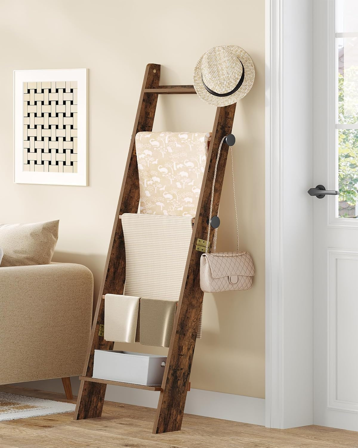 Blanket Ladder for Living Room, Decorative Quilt Rack with 4 Removable Hooks, 5-Tier Blanket Ladder Shelf for Bedroom,Rustic Brown BR30501X