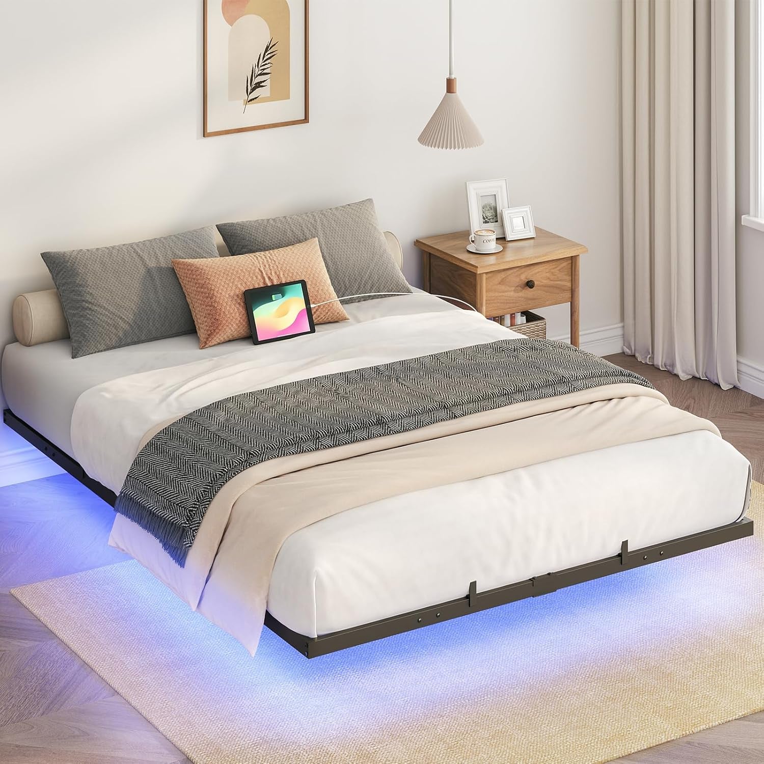 Floating Bed Frame Full Size, Bed Frame with Charging Station and LED Lights, Industrial Style Metal Platform Full Bed, Soundless, No Box Springs Needed, Black