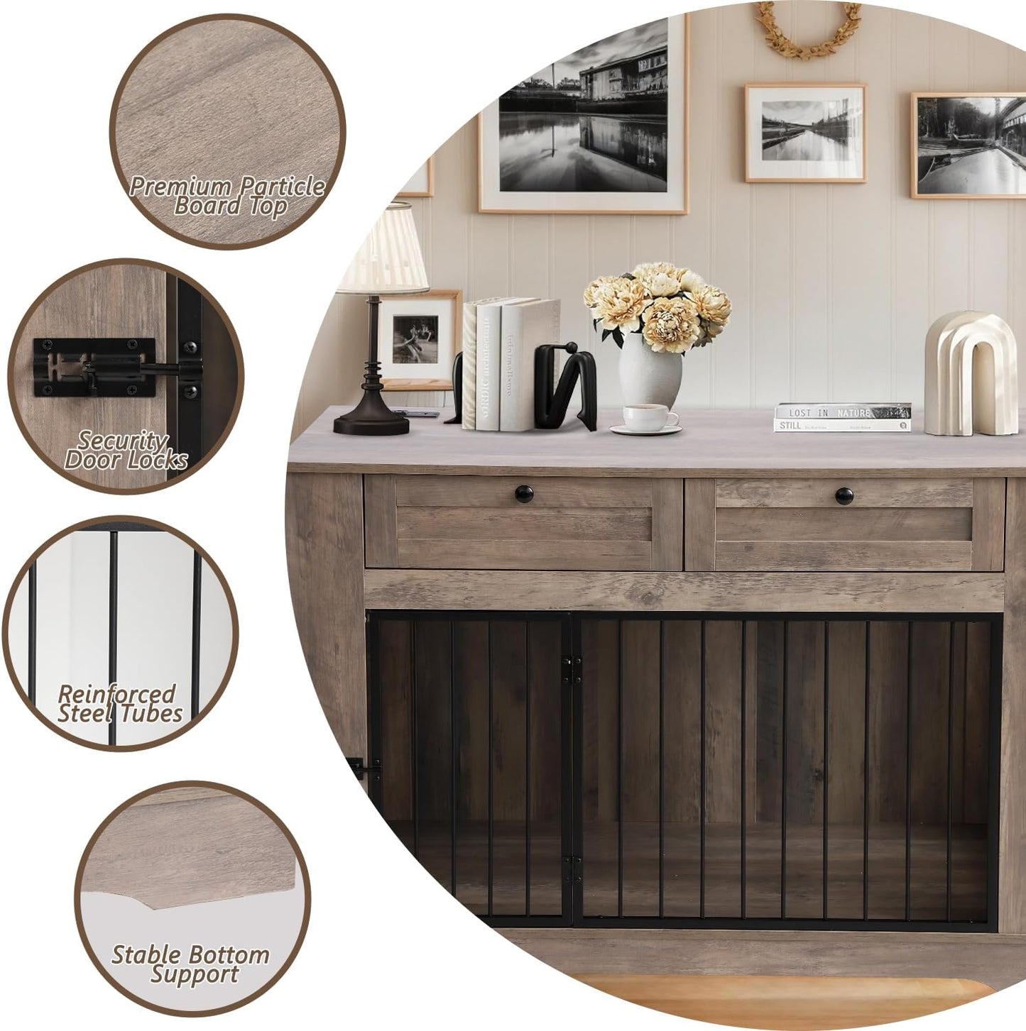 Large Dog Crate Furniture-Decorative Heavy Duty Dog Cage Indoor, Wooden Dog Cage End Table with Charging Station, Dog House with 2 Drawers (Gray, 47.2''L)