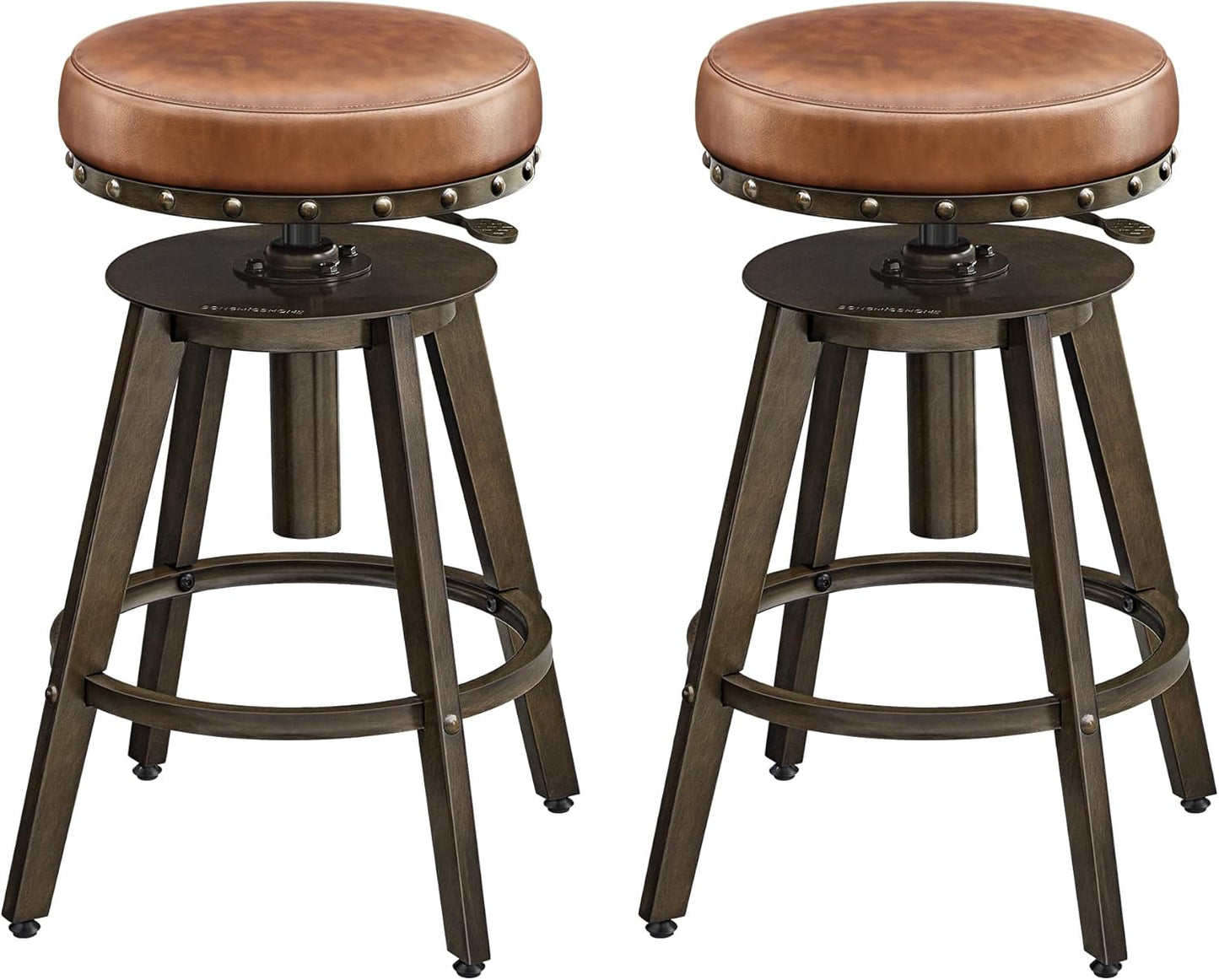 HOME Bar Stools, Set of 2, Steampunk Counter Stool for Kitchen, Adjustable Height and Swivel Padded Seat, Workbench Stool, 16.5 X 19.3 X 24.6-29.3 Inches, Caramel Brown ULJB096K01