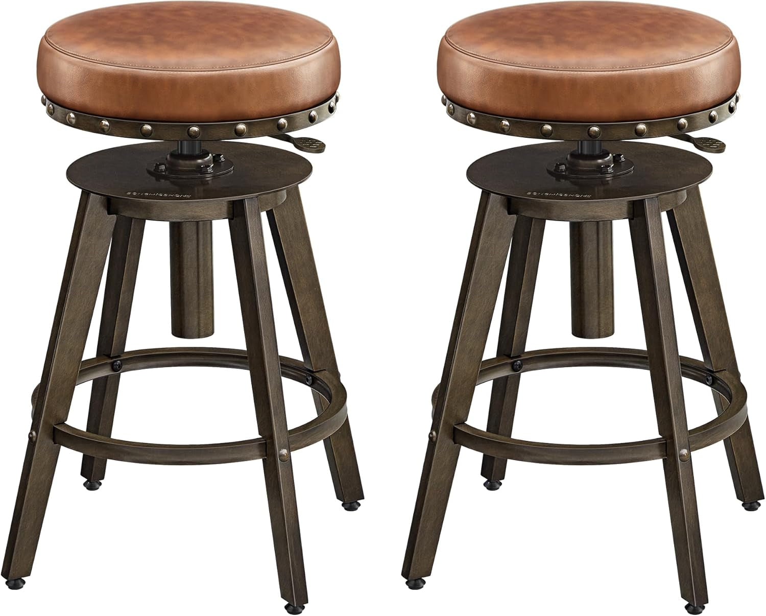 HOME Bar Stools, Set of 2, Steampunk Counter Stool for Kitchen, Adjustable Height and Swivel Padded Seat, Workbench Stool, 16.5 X 19.3 X 24.6-29.3 Inches, Caramel Brown ULJB096K01