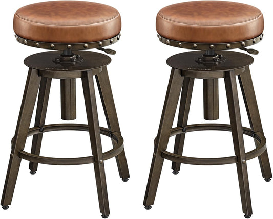 HOME Bar Stools, Set of 2, Steampunk Counter Stool for Kitchen, Adjustable Height and Swivel Padded Seat, Workbench Stool, 16.5 X 19.3 X 24.6-29.3 Inches, Caramel Brown ULJB096K01