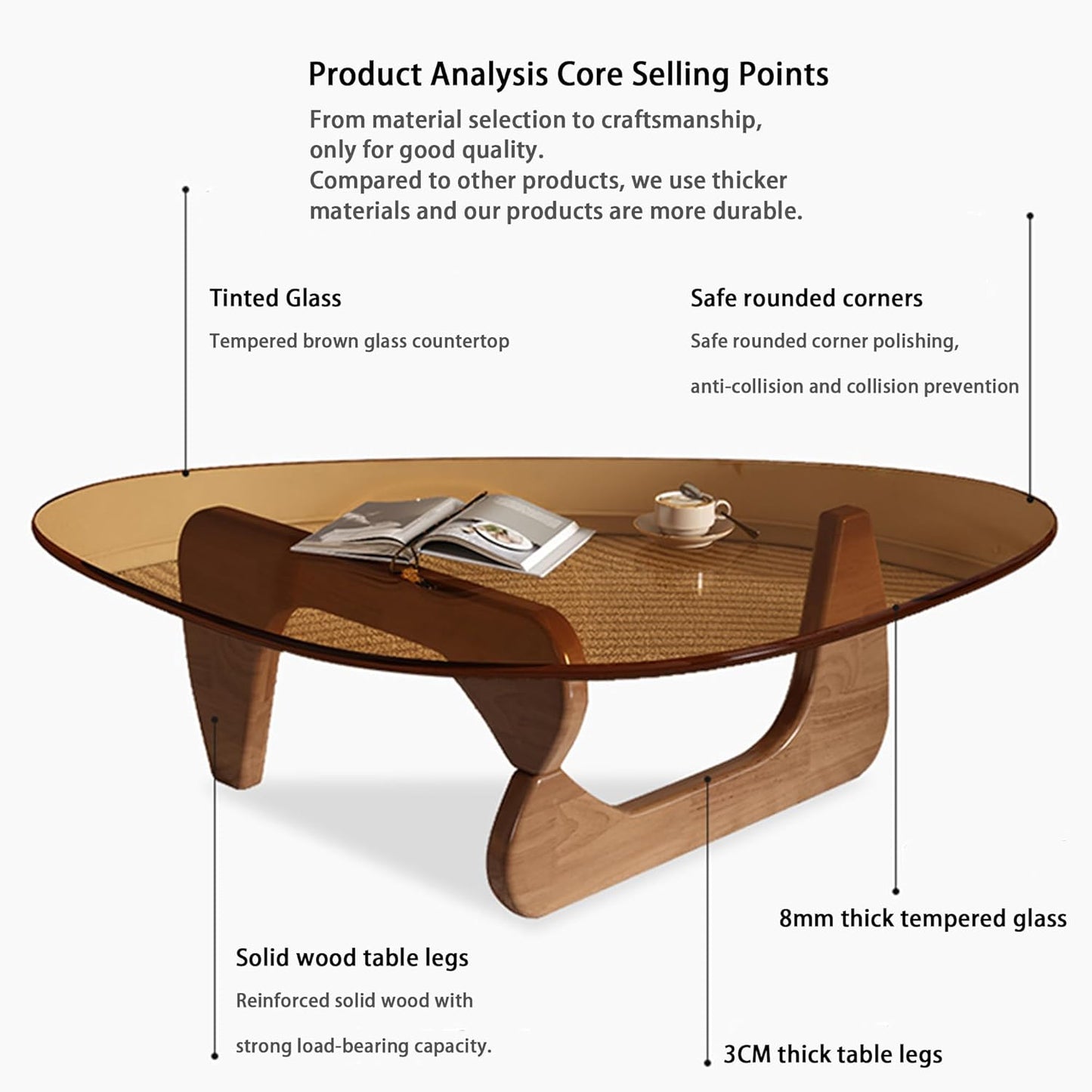 Modern Glass Coffee Table, 32.68" D X 22.44" W X 15.75" H, Abstract round Tea Tables for Living Room Home Office Industrial Cocktail Tables (Walnut-Brown Glass, 32.68")