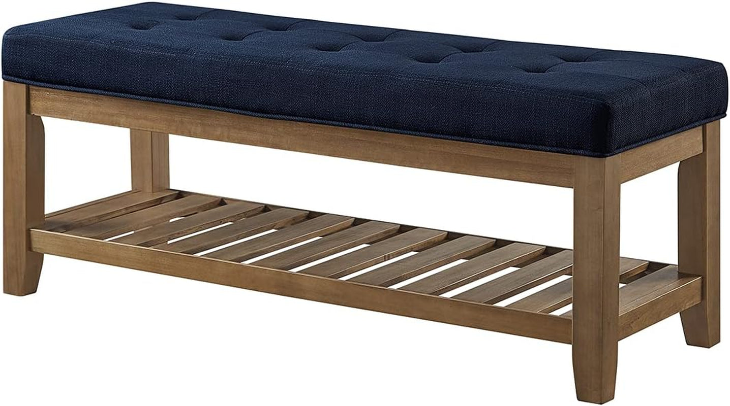 Large Rectangular Upholstered Tufted Linen Fabric Ottoman Bench, Padded Bench with Solid Wood Shelf-Navy Blue